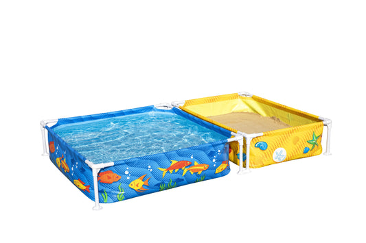 piscina infantil con tubos Bestway vista lateral, diseño colorido con agua y arena