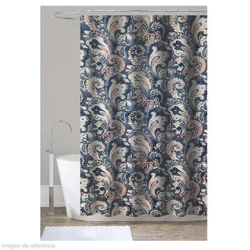 NAVY MEDALLION BATHROOM CURTAIN W/ 12 GAN