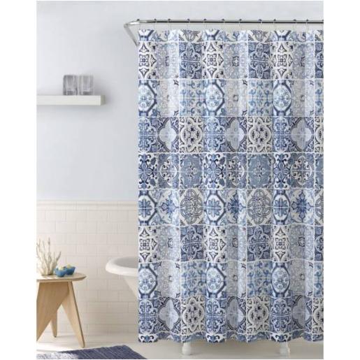 CORTINA P/ BANO C/ GANCHOS TILE AZ.