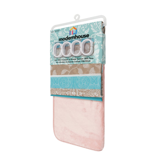 Set de Baño Modernhouse: Cortina 100% PEVA + Alfombra Rosa – 2 Pzs