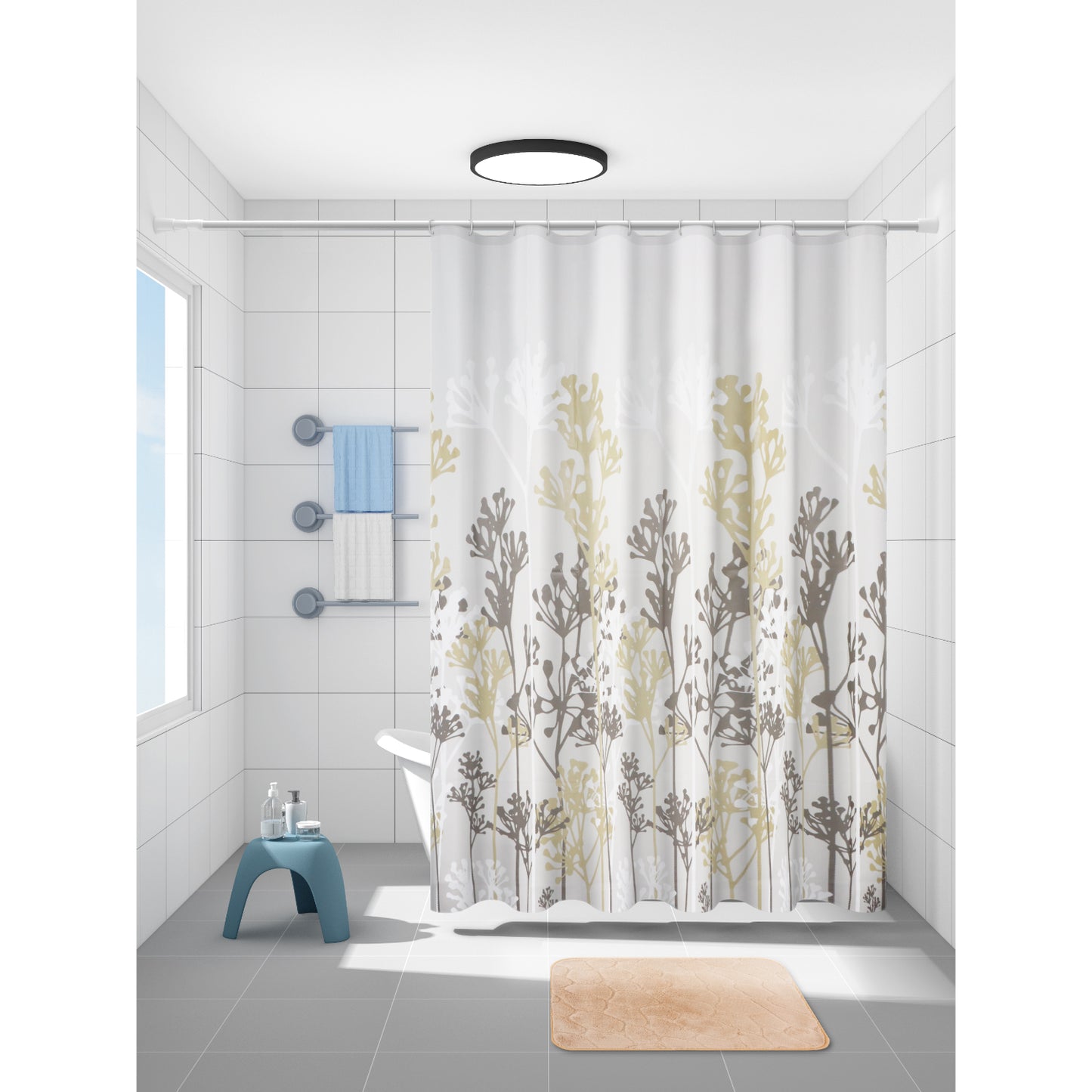 Set de Baño Modernhouse: Cortina 100% PEVA + Alfombra Camel – 2 Pzs