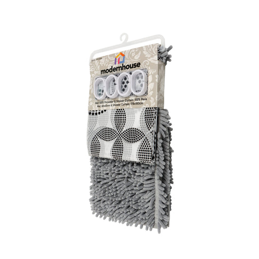 Set de Baño Modernhouse: Cortina 100% PEVA + Alfombra de Chenille Gris – 2 Pzs