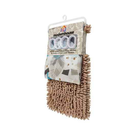 Set de Baño Modernhouse: Cortina 100% PEVA Abstracción Beige + Alfombra de Microfibra Camel – 2 Pzs