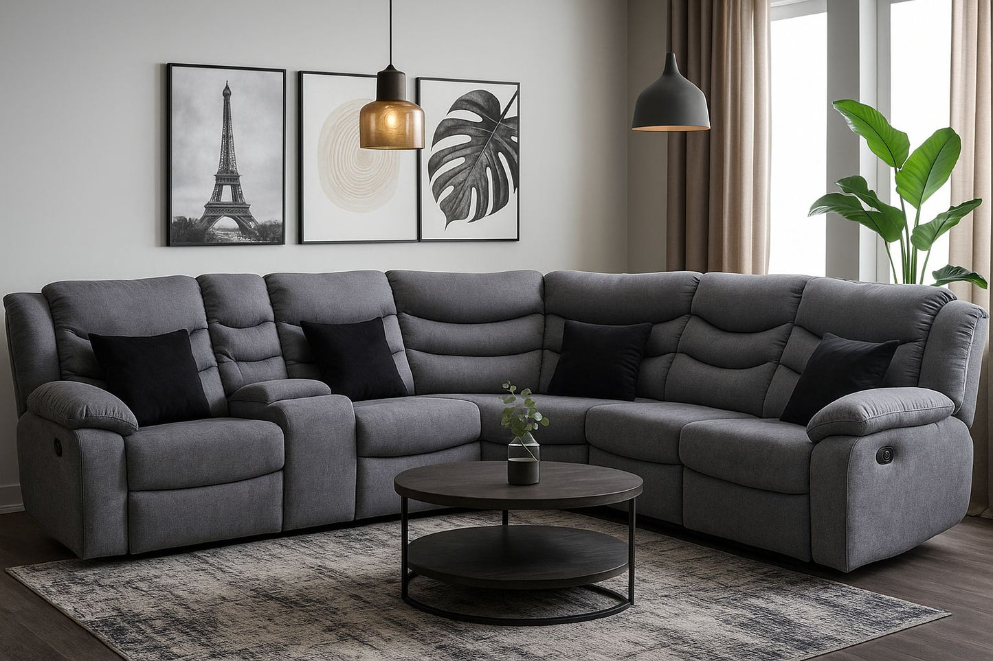 Seccional reclinable gris plata de Muebles Primiun con cojines negros, ideal para salas modernas