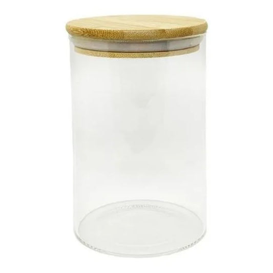 Frasco de vidrio para cocina 10x15cm con tapa de bambú, vista lateral clara
