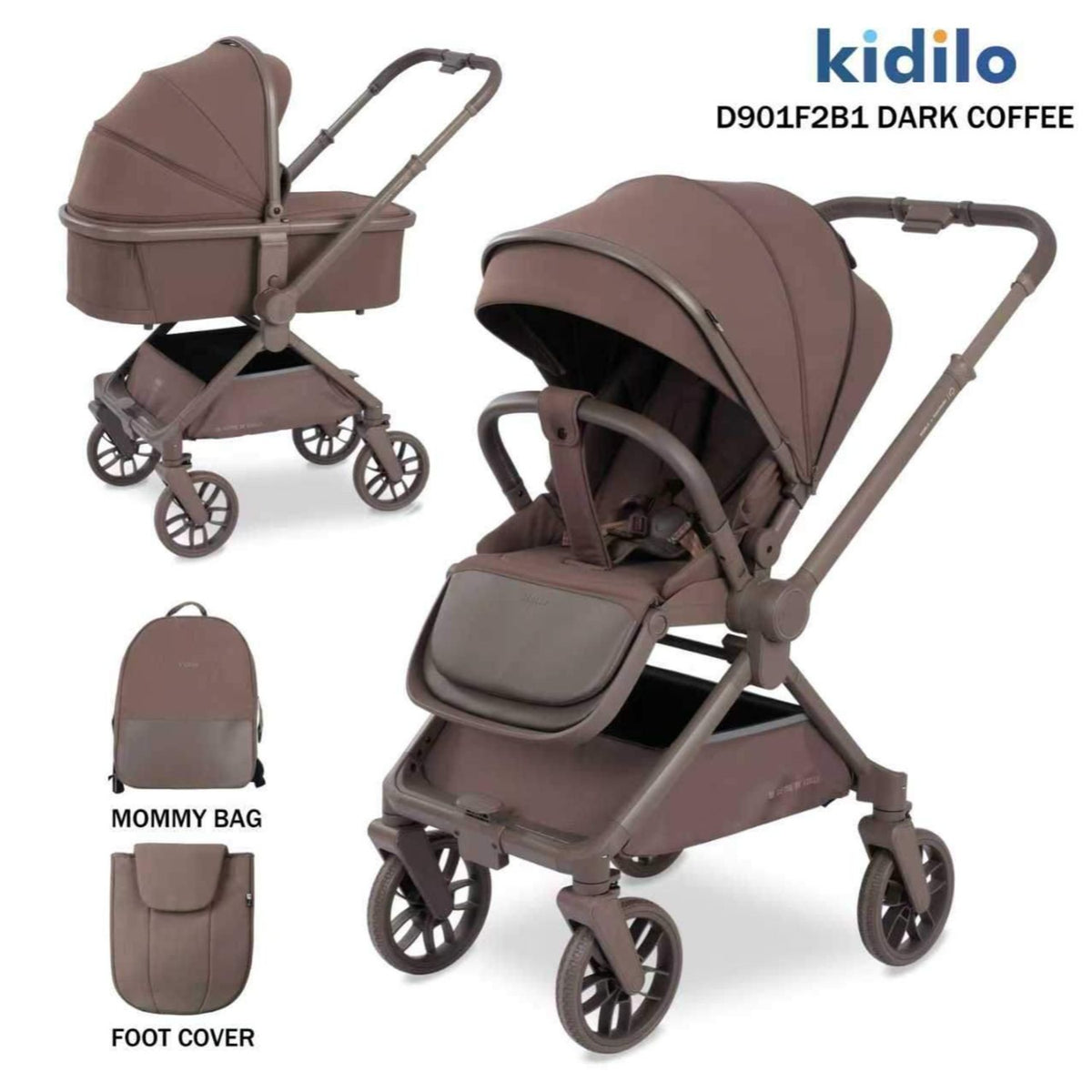 Coche KIDILO marrón oscuro con capazo y cobertura para pies, vista frontal y lateral