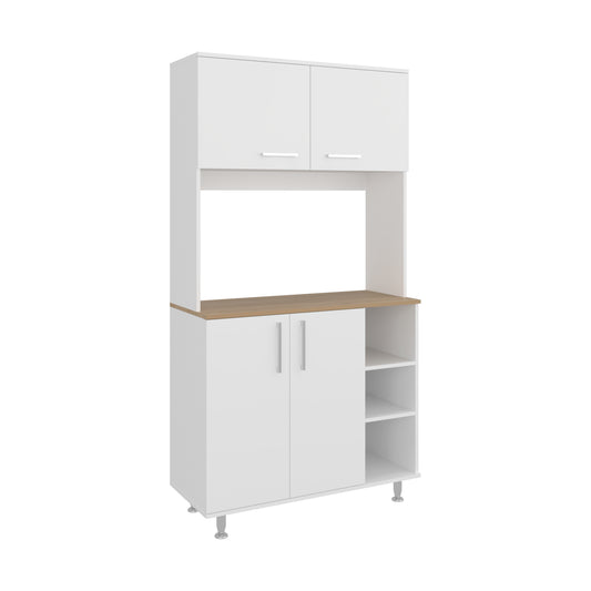 Alacena blanca con estantes y superficie de madera, vista frontal, ideal para cocina