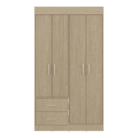 armario beige frontal con dos puertas y tres cajones, ideal para almacenamiento