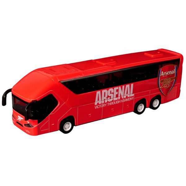Autobús de colección Arsenal rojo, vista lateral, para fanáticos del fútbol.
