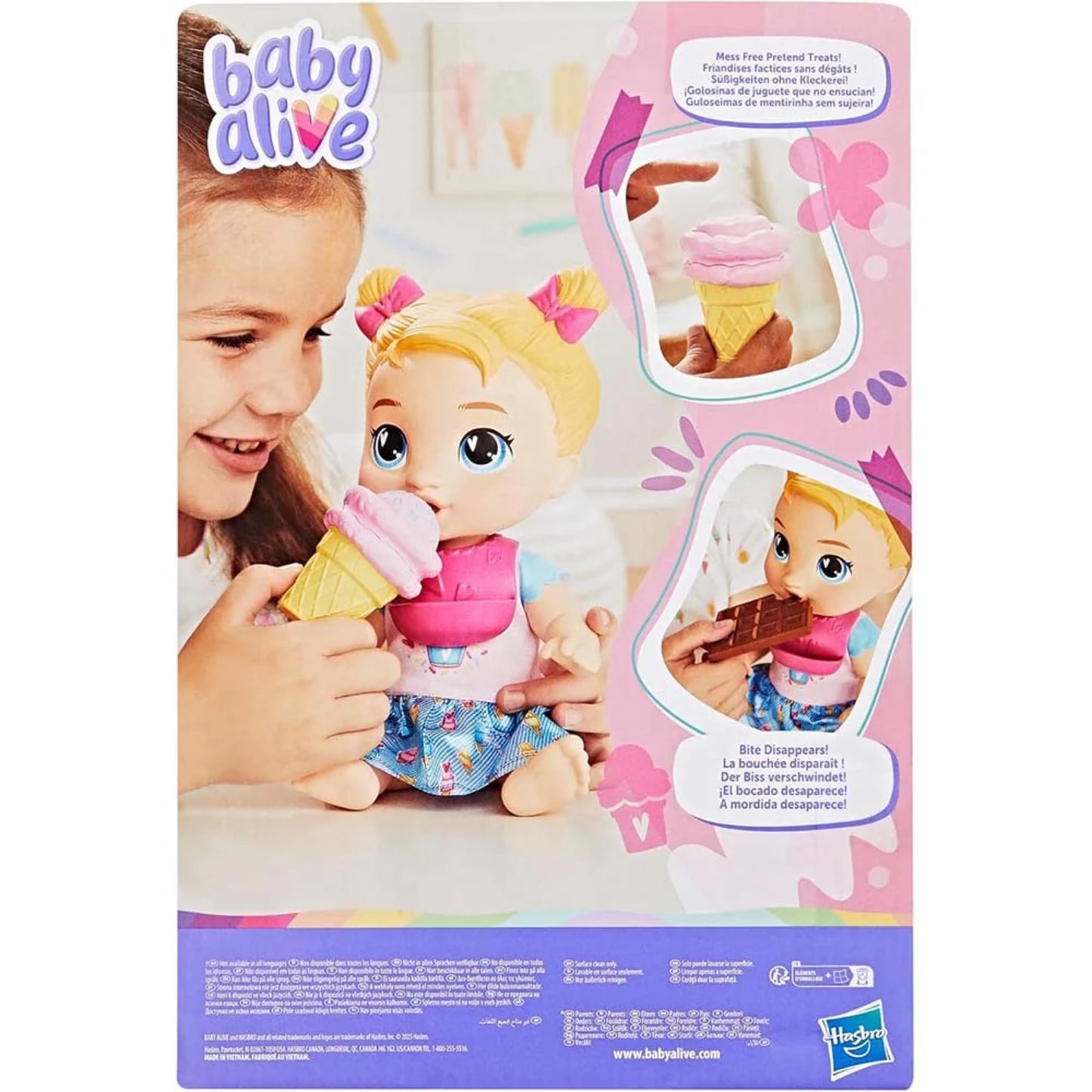 Muñeca interactiva Baby Alive con cono de helado, niña jugando felizmente