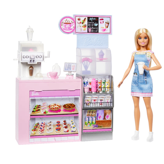 Muñeca Barbie con heladería rosa y pasteles coloridos, vista frontal