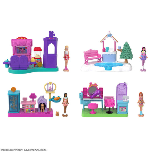 Conjunto de juguetes Barbie, varias figuras y accesorios en colores brillantes