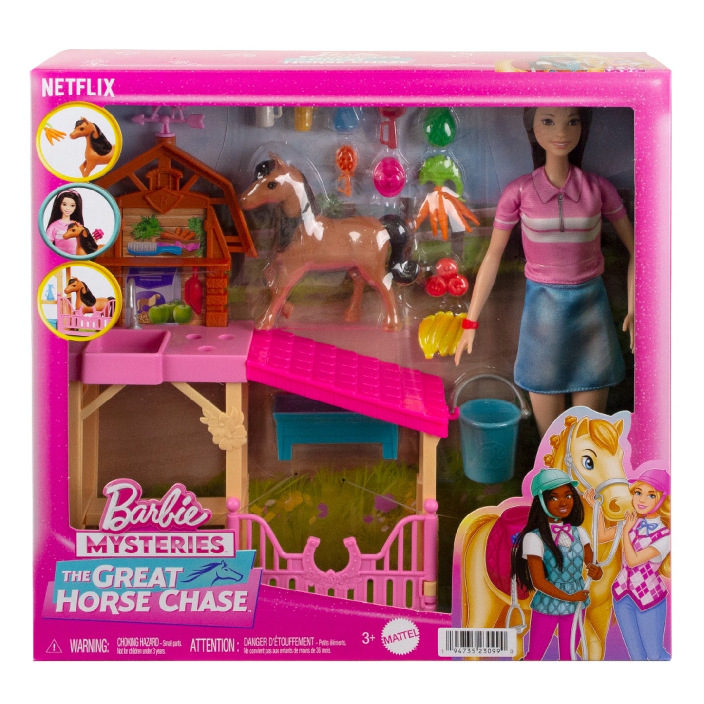 Muñeca Barbie de Netflix en establo colorido con caballo y accesorios de juego