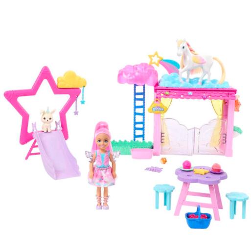 Barbie juego de parque rosa con resbaladiza y unicornio en fondo mágico