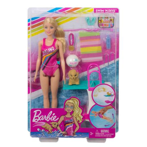 Barbie la muñeca en traje de baño, juego de piscina con accesorios coloridos