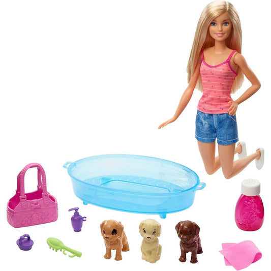 Muñeca Barbie con accesorios de mascotas, bañera azul y cuatro perritos