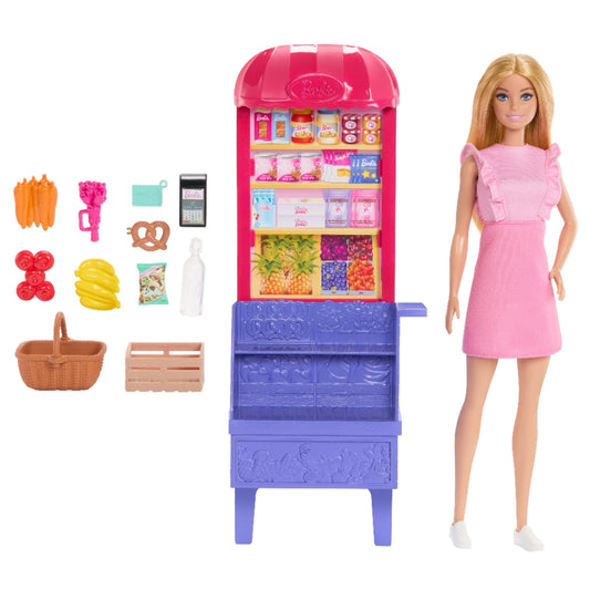 Muñeca Barbie con puesto de mercado colorido y accesorios para jugar.