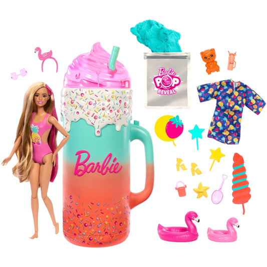 Muñeca Barbie con vaso de helado, accesorios coloridos y temática de verano