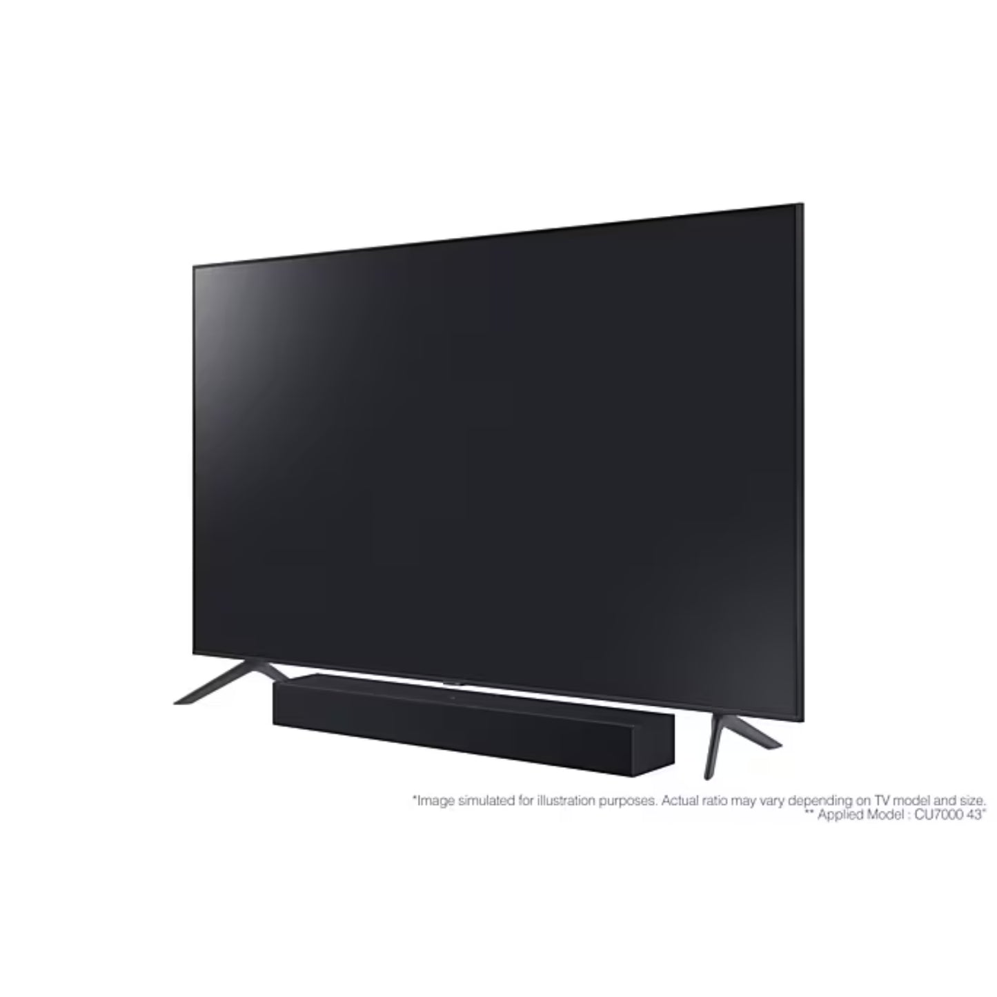 Barra de sonido 20w dolby Samsung LL05 negra frente a televisor moderno