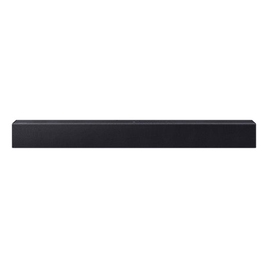 barra de sonido negra frontal, diseño elegante y moderno