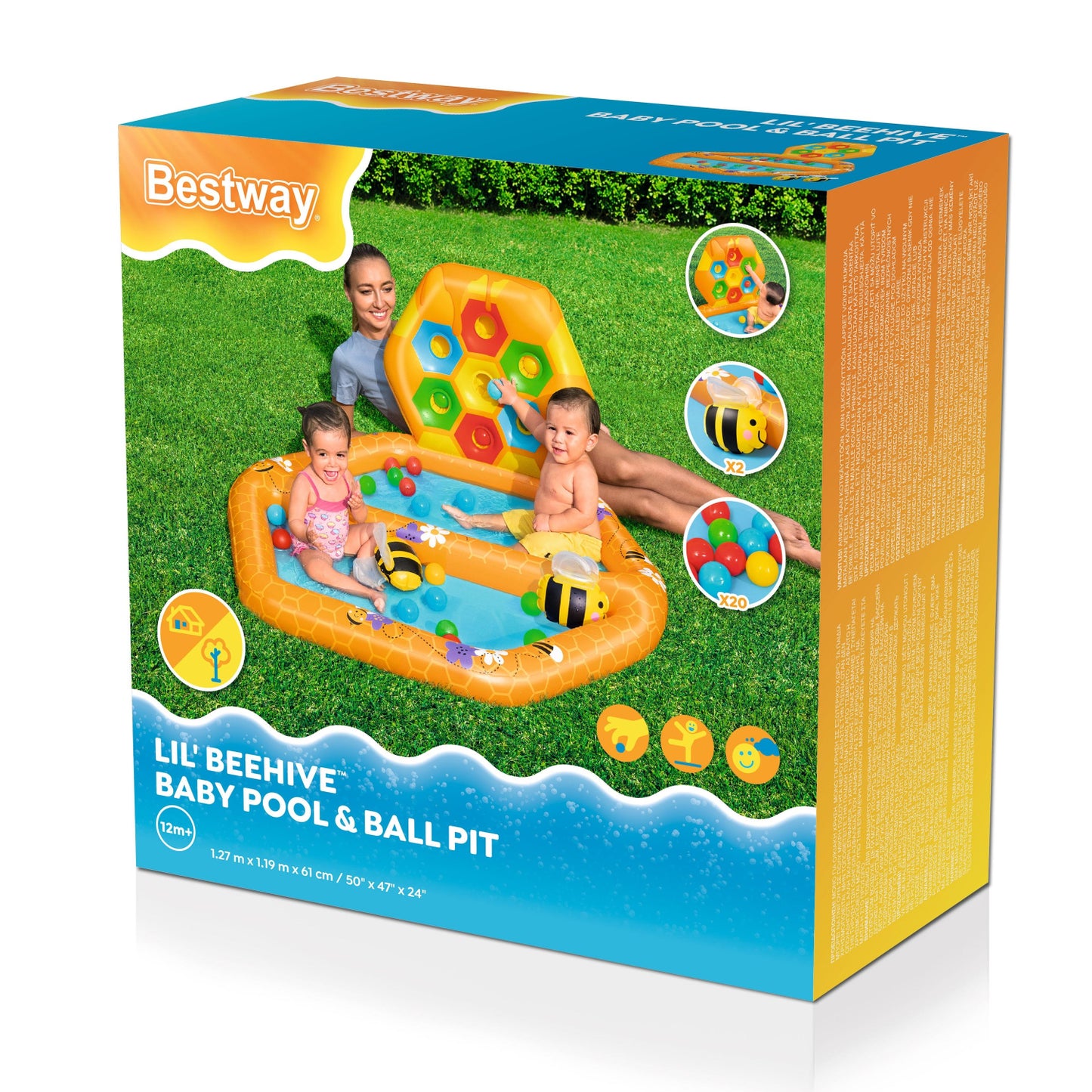 Piscina Bestway Beehive niños, inflable, color naranja, en jardín con dos niños jugando