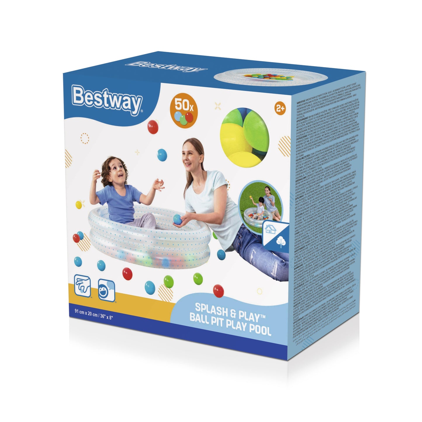 Piscina redonda de 3 niveles Bestway, color transparente, vista frontal del empaque con niños jugando