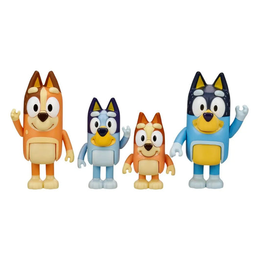 Figuras de Bluey, cuatro personajes de colores variados, juguetes de Boing Toys