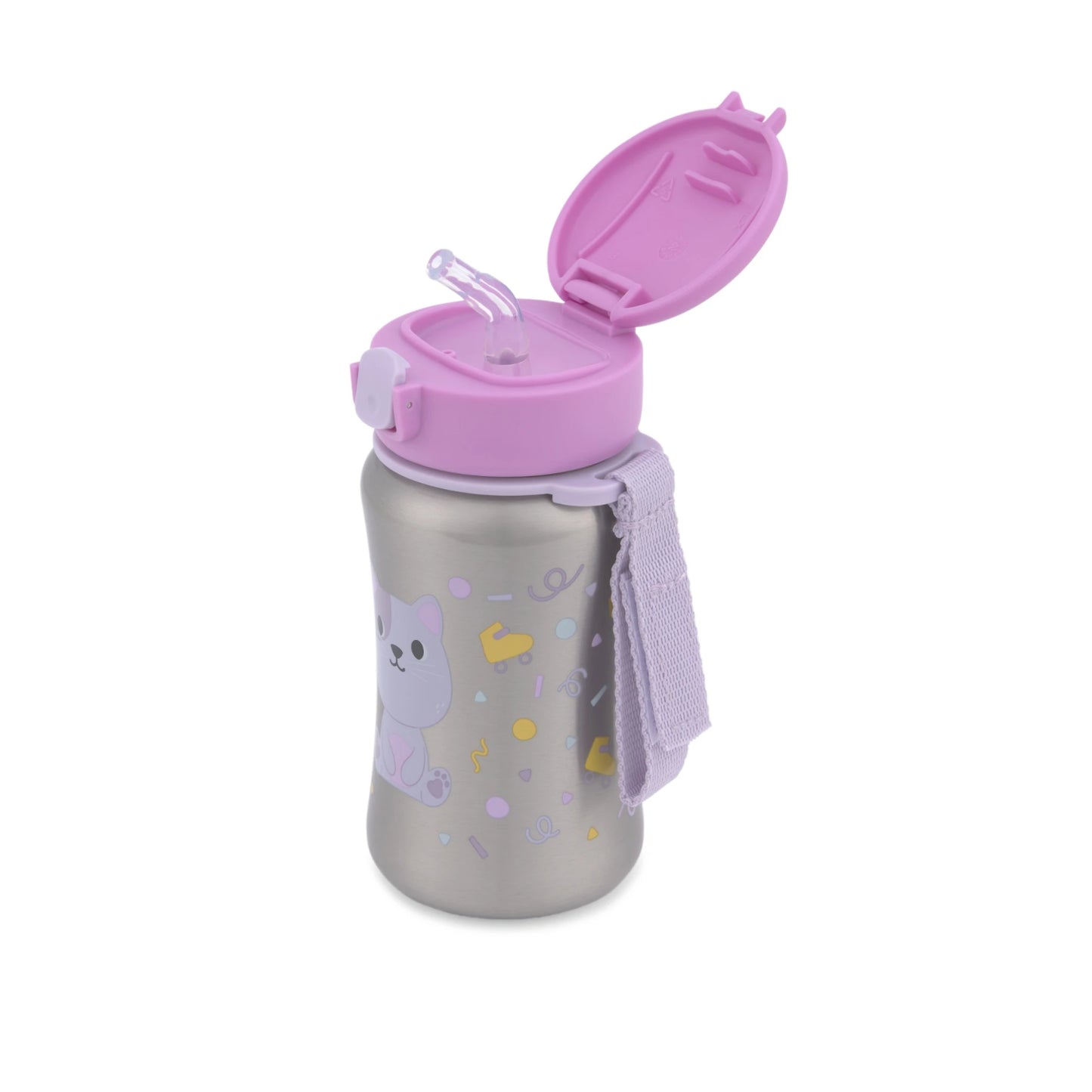 Botella de acero inoxidable SKIP*HOP con diseño de oso, vista lateral, ideal para niños