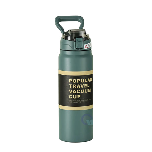 Botella verde portátil, vista frontal, ideal para viajes y mantener la temperatura