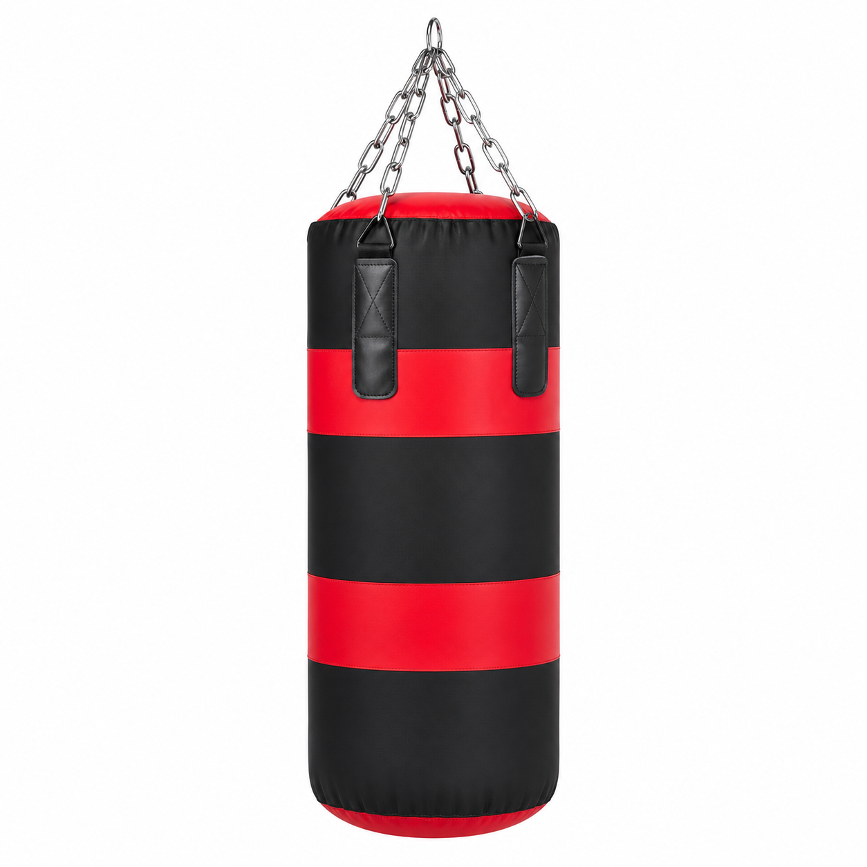 Saco de boxeo rojo y negro, vista lateral, ideal para entrenamiento en casa