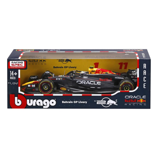 Carro F1 negro Burago, vista lateral en caja con diseño de carreras de Bahréin