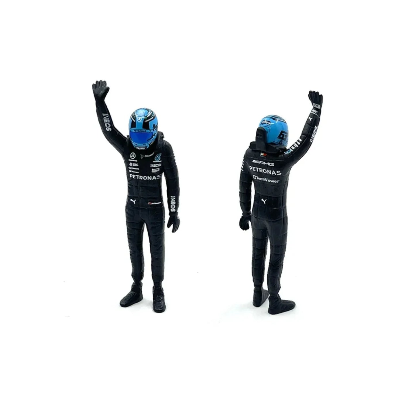 Figuras de piloto de carro f1 en uniforme negro, saludo, vista frontal y trasera