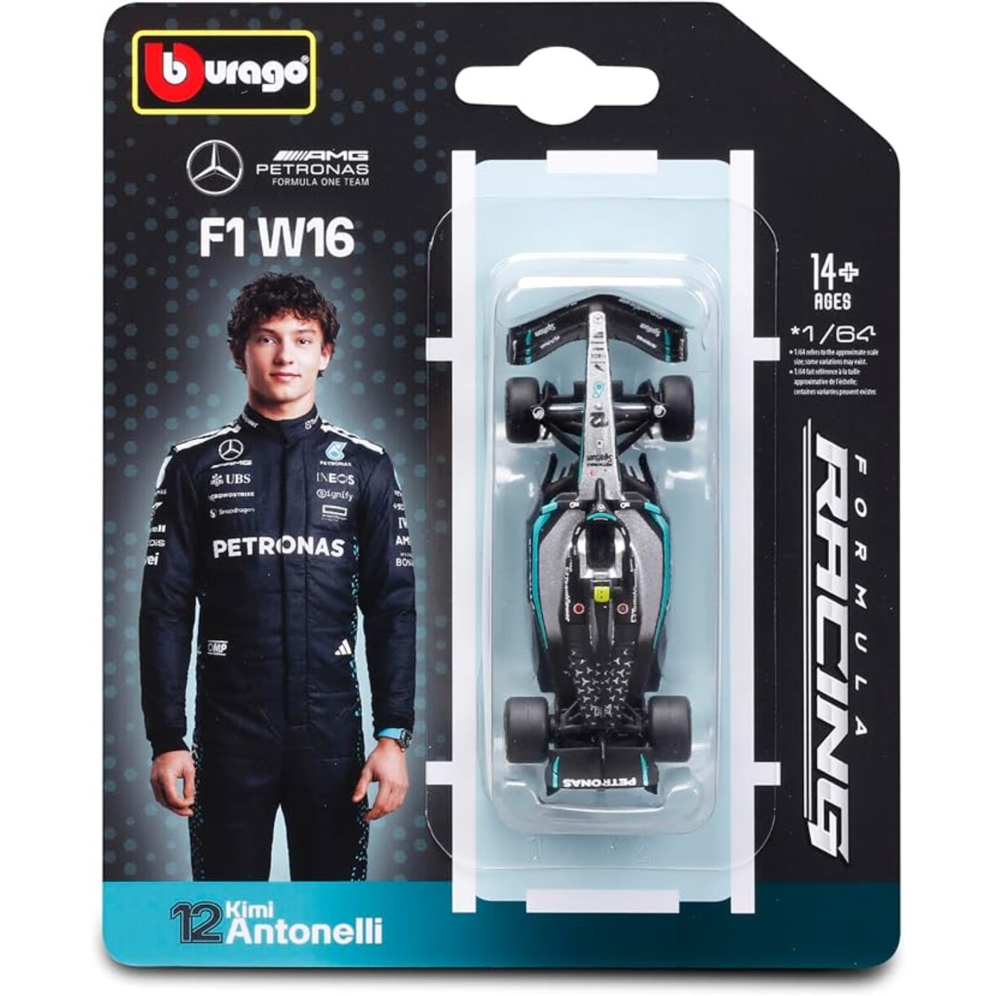 Carro de carreras F1 W16 modelo Burago en caja con piloto Kimi Antonelli