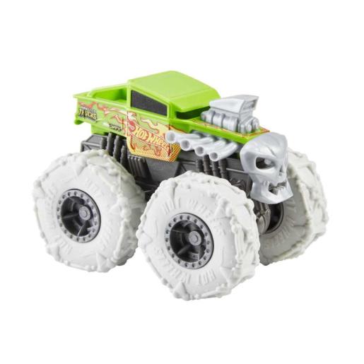 Carrito Monster Jam verde con ruedas blancas y detalle de calavera, colección de juguetes