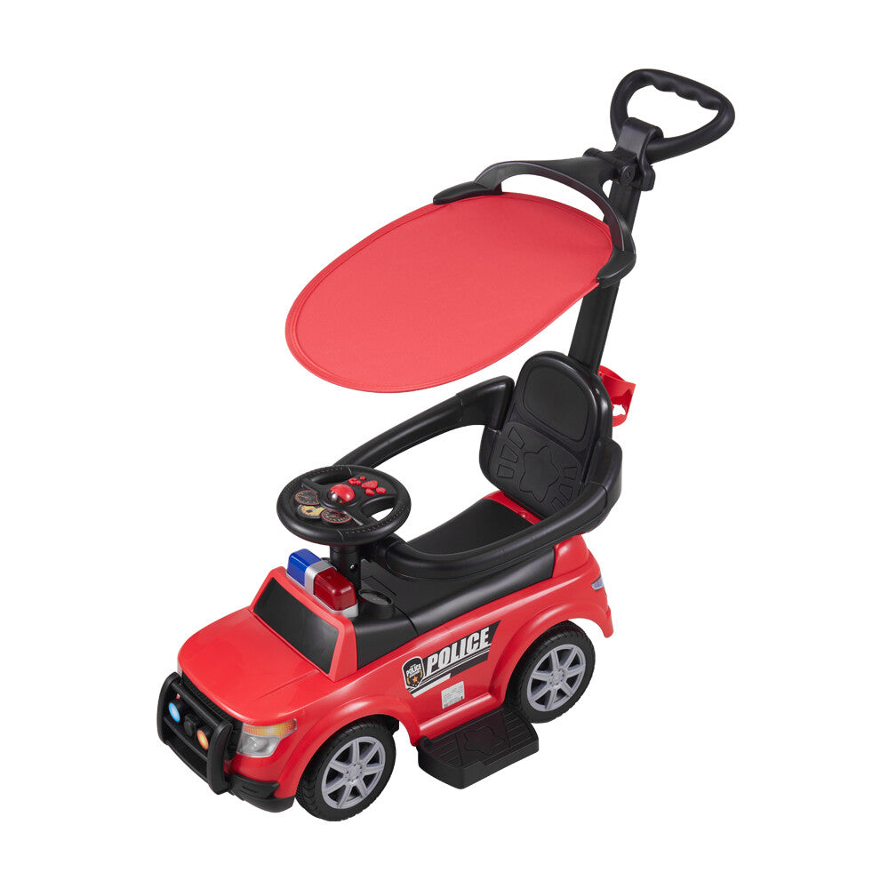 Carro de policía rojo vista frontal con sombrilla y asiento cómodo