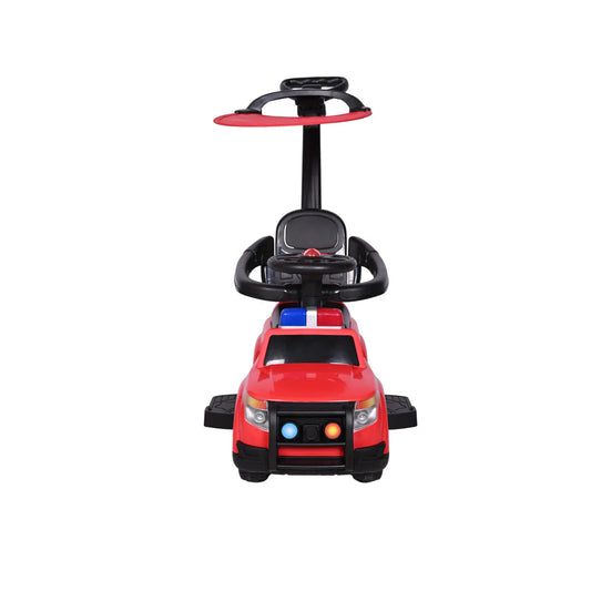 Carro rojo infantil con control y techo, vista frontal