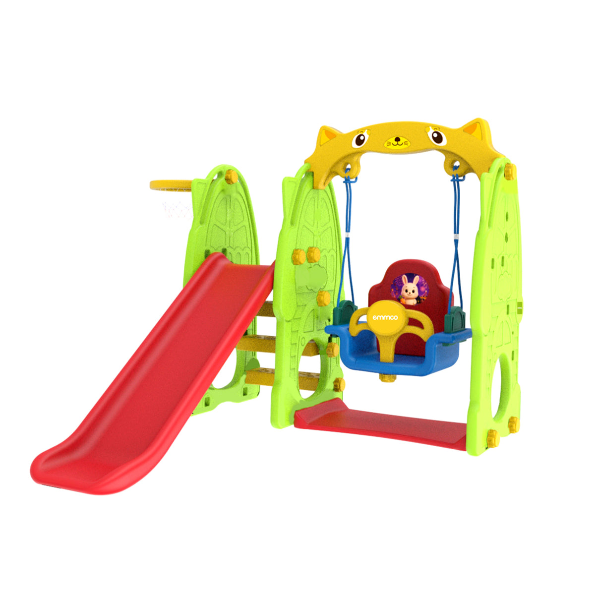 parque infantil verde y rojo con tobogán y columpio, ideal para casa