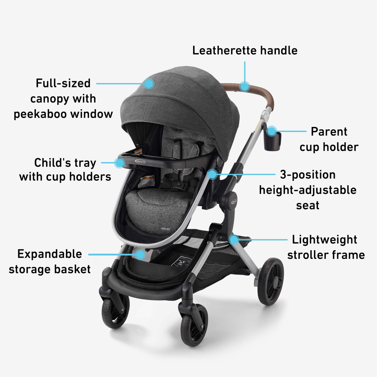 coche negro Graco con manija de cuero, asiento ajustable y canasta de almacenamiento
