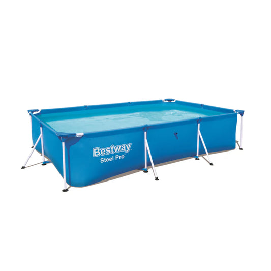piscina tubular Bestway azul rectangular, vista lateral en jardín