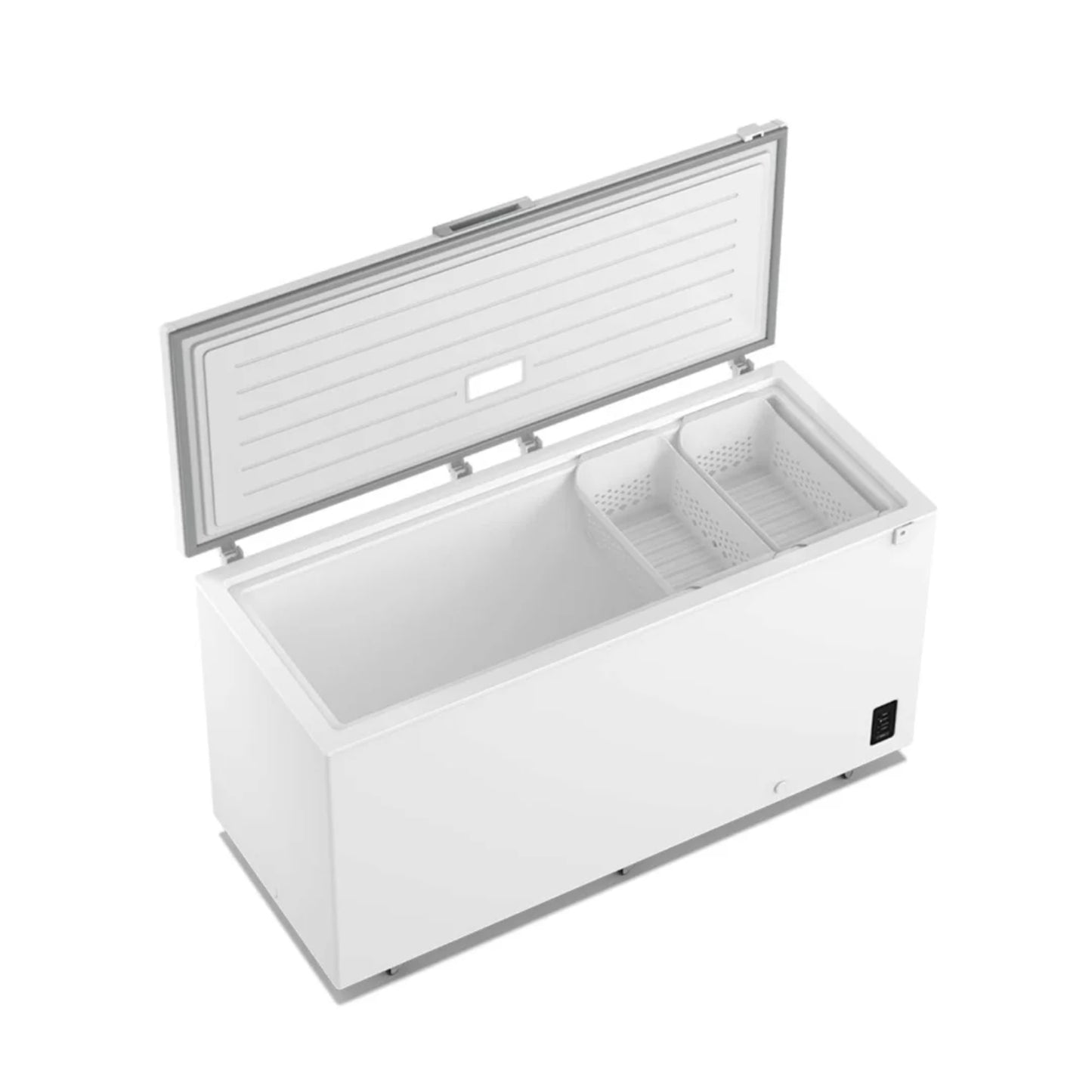 Congelador horizontal blanco, vista superior con cestas de almacenamiento