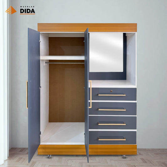 Closet tocador gris moderno con puertas abiertas y cajones de madera claro de MUEBLES DIDA