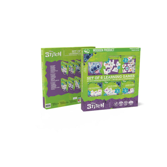 Juego de aprendizaje de madera Disney Stitch, seis juegos, vista frontal y trasera