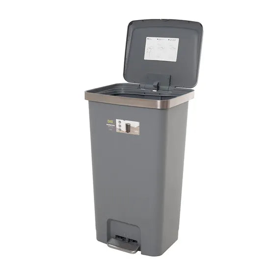 Basurero con pedal EKO HANA 45L de acero inoxidable con cubeta plástica y ruedas integradas diseño moderno para hogar y oficina limpieza práctica