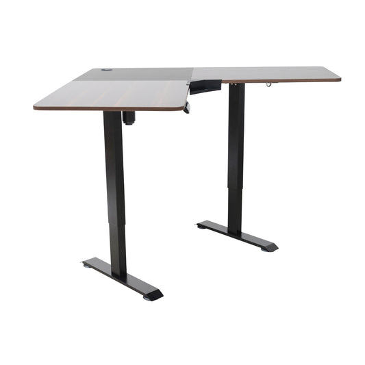 Escritorio ajustable en altura, color madera, vista lateral para oficina moderna