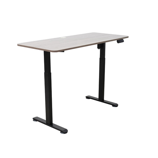 Escritorio negro regulable, vista lateral, ideal para oficina o estudio