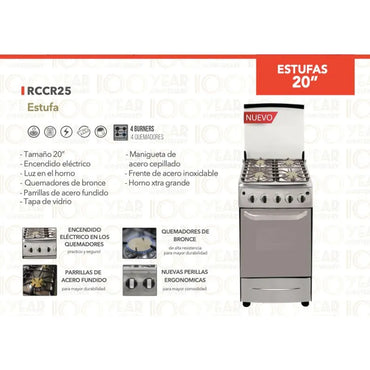 Estufa a gas RCA 20 pulgadas con 4 quemadores y parrillas de acero inoxidable