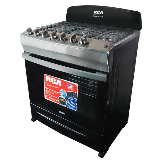 Estufa a gas RCA 6 quemadores en color negro con horno y parrilla de acero inoxidable