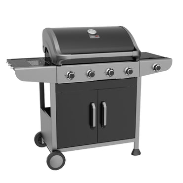 Estufa de gas negra Royal Gourmet, parrilla de exteriores con cuatro quemadores.