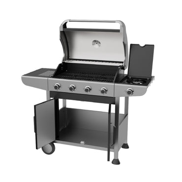 Estufa de gas gris frontal, cocina exterior