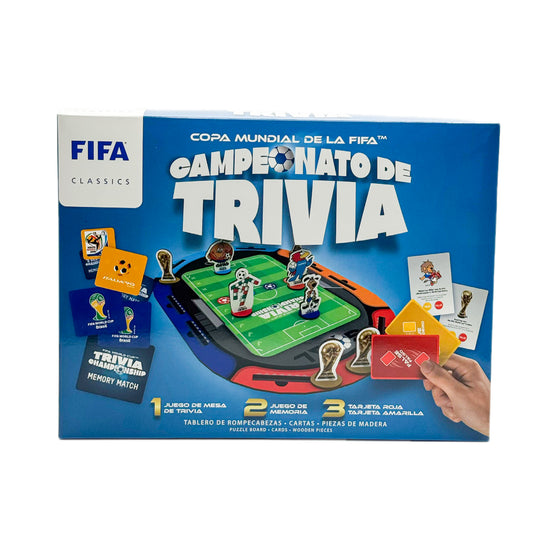 Juego de mesa Campeonato de Trivia FIFA, vista frontal con tablero y piezas de madera